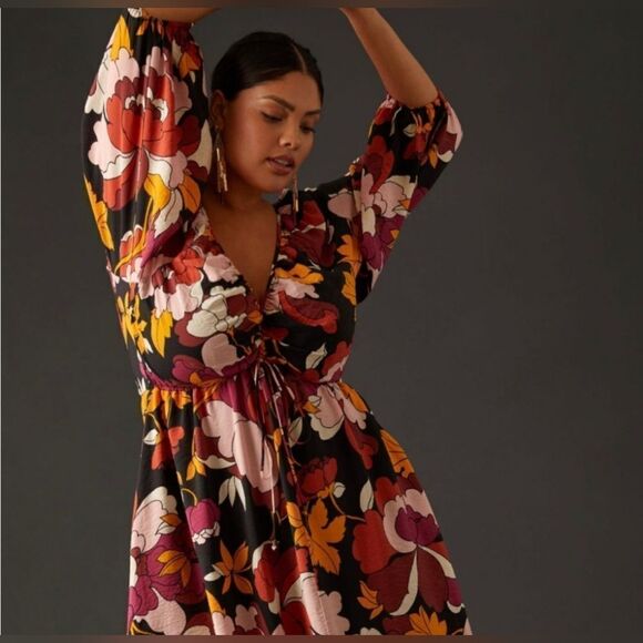 Anthropologie Maeve Deep-V Ruched Midi Dress Size 12 - Picture 11 of 14